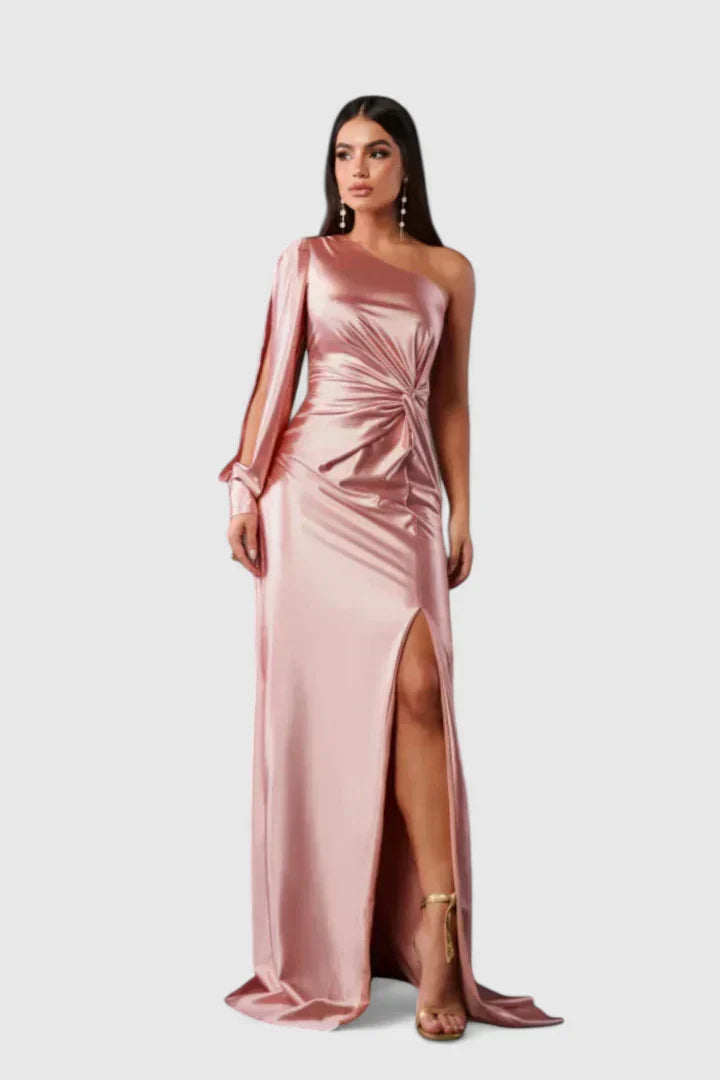 Women's One-Shoulder Figure-Following Maxi Gown in Blush Pink