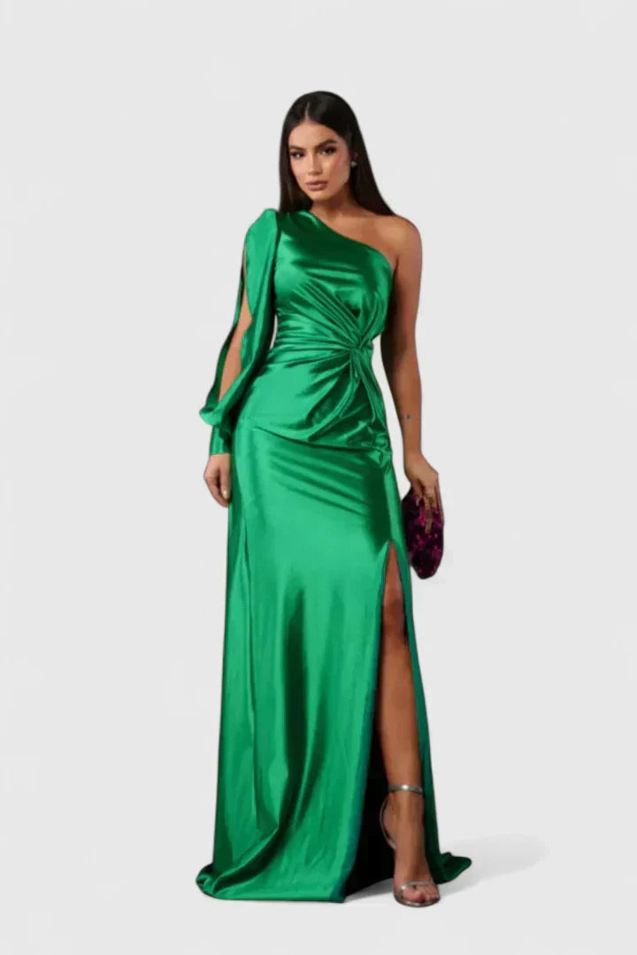 Women's One-Shoulder Figure-Following Maxi Gown in Emerald Green
