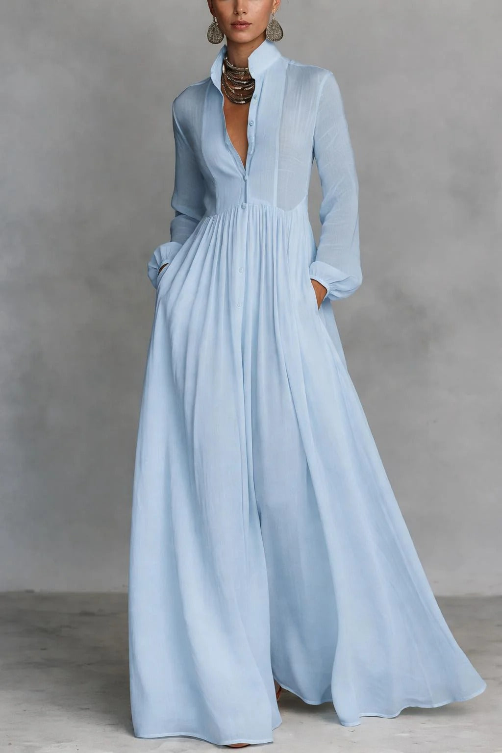 Women's Blue Long Sleeve Button-Front Maxi Dress
