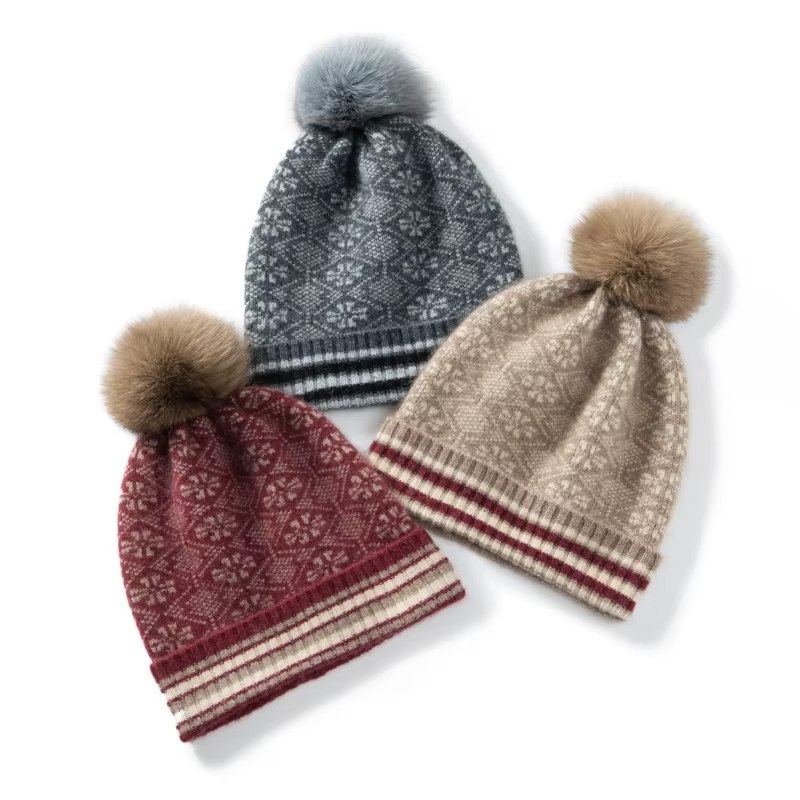 Women's Fair Isle Cashmere Beanie with Faux Fur Pom-Pom