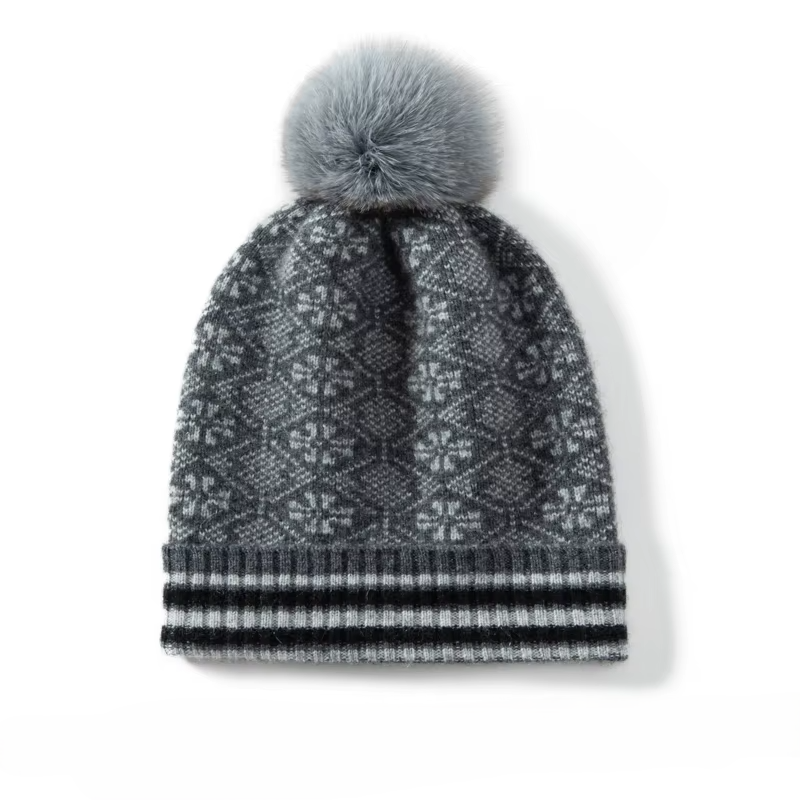 Women's Fair Isle Cashmere Beanie with Faux Fur Pom-Pom in Gray