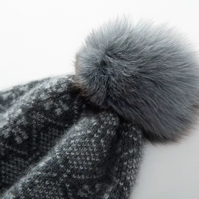 Women's Fair Isle Cashmere Beanie with Faux Fur Pom-Pom, view 2