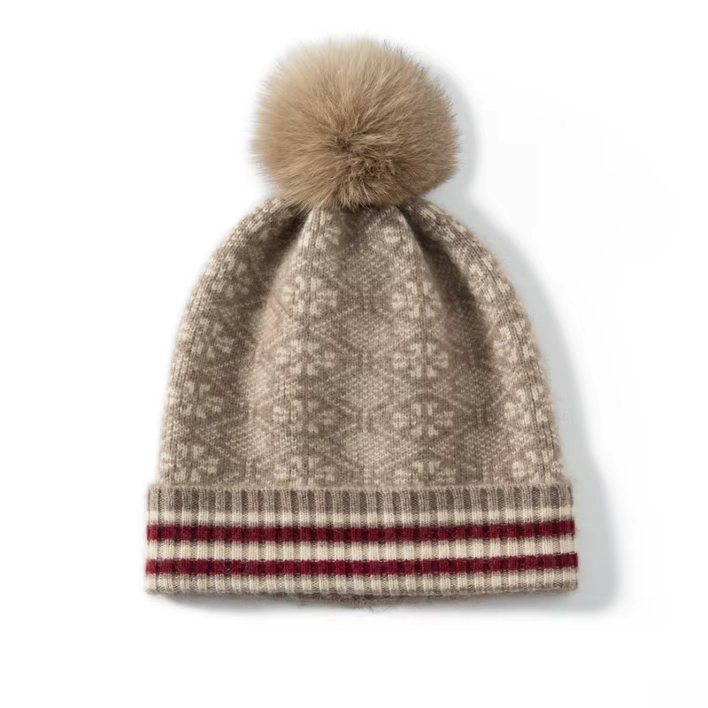 Women's Fair Isle Cashmere Beanie with Faux Fur Pom-Pom in Beige