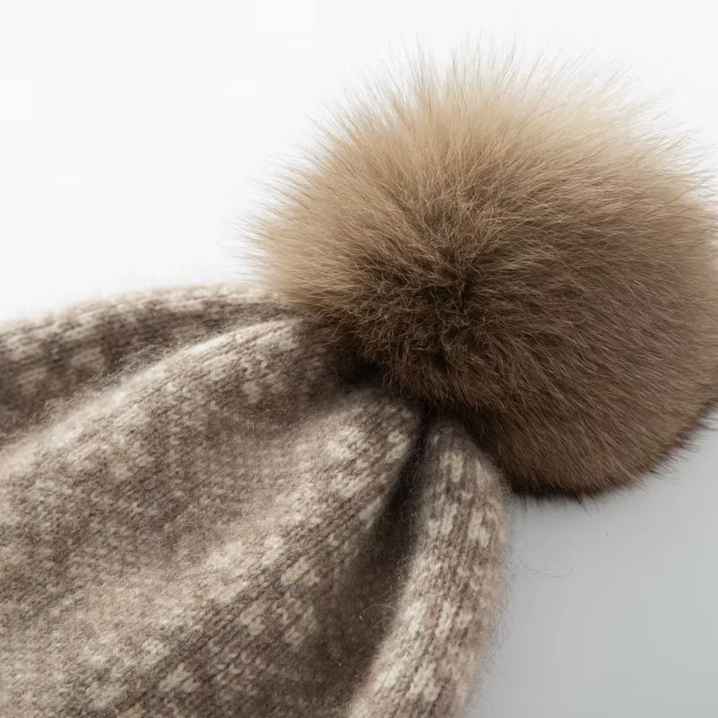Women's Fair Isle Cashmere Beanie with Faux Fur Pom-Pom, view 5