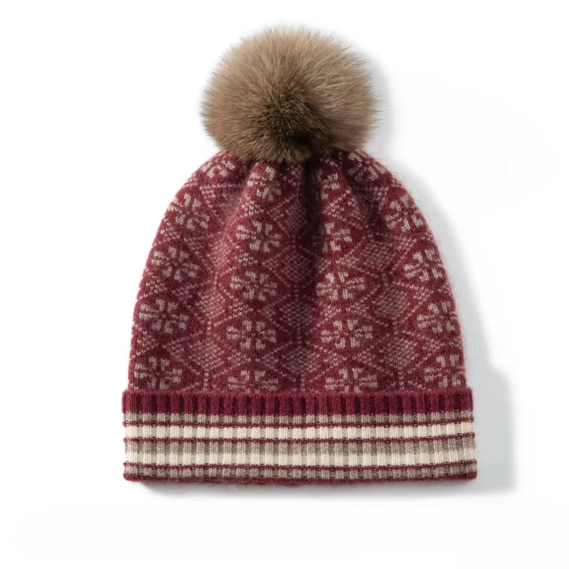 Women's Fair Isle Cashmere Beanie with Faux Fur Pom-Pom in Burgundy
