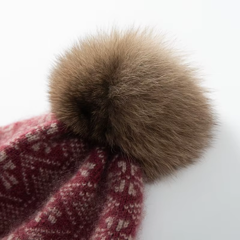 Women's Fair Isle Cashmere Beanie with Faux Fur Pom-Pom, view 8