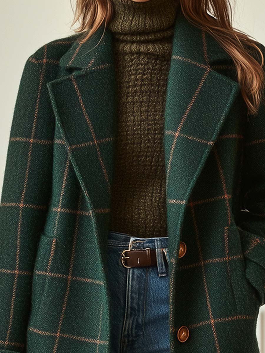 Women's Plaid Coat, Checked Notch Lapel Button Winter Overcoat Plus Size