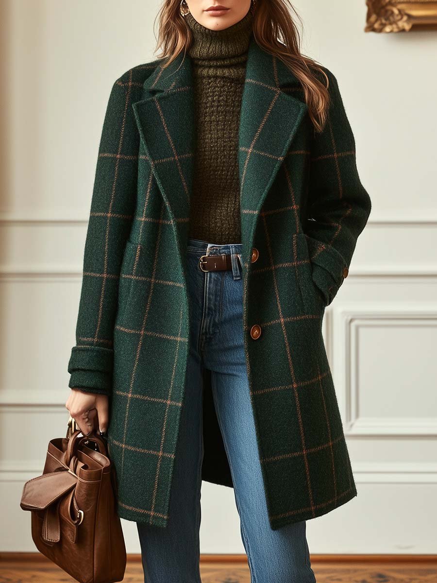 Women's Plaid Coat, Checked Notch Lapel Button Winter Overcoat Plus Size