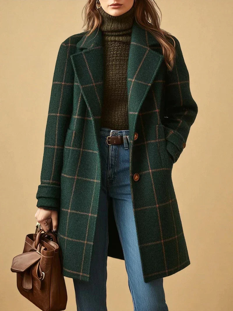 Women's Plaid Coat, Checked Notch Lapel Button Winter Overcoat Plus Size