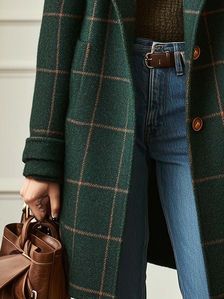Women's Plaid Coat, Checked Notch Lapel Button Winter Overcoat Plus Size