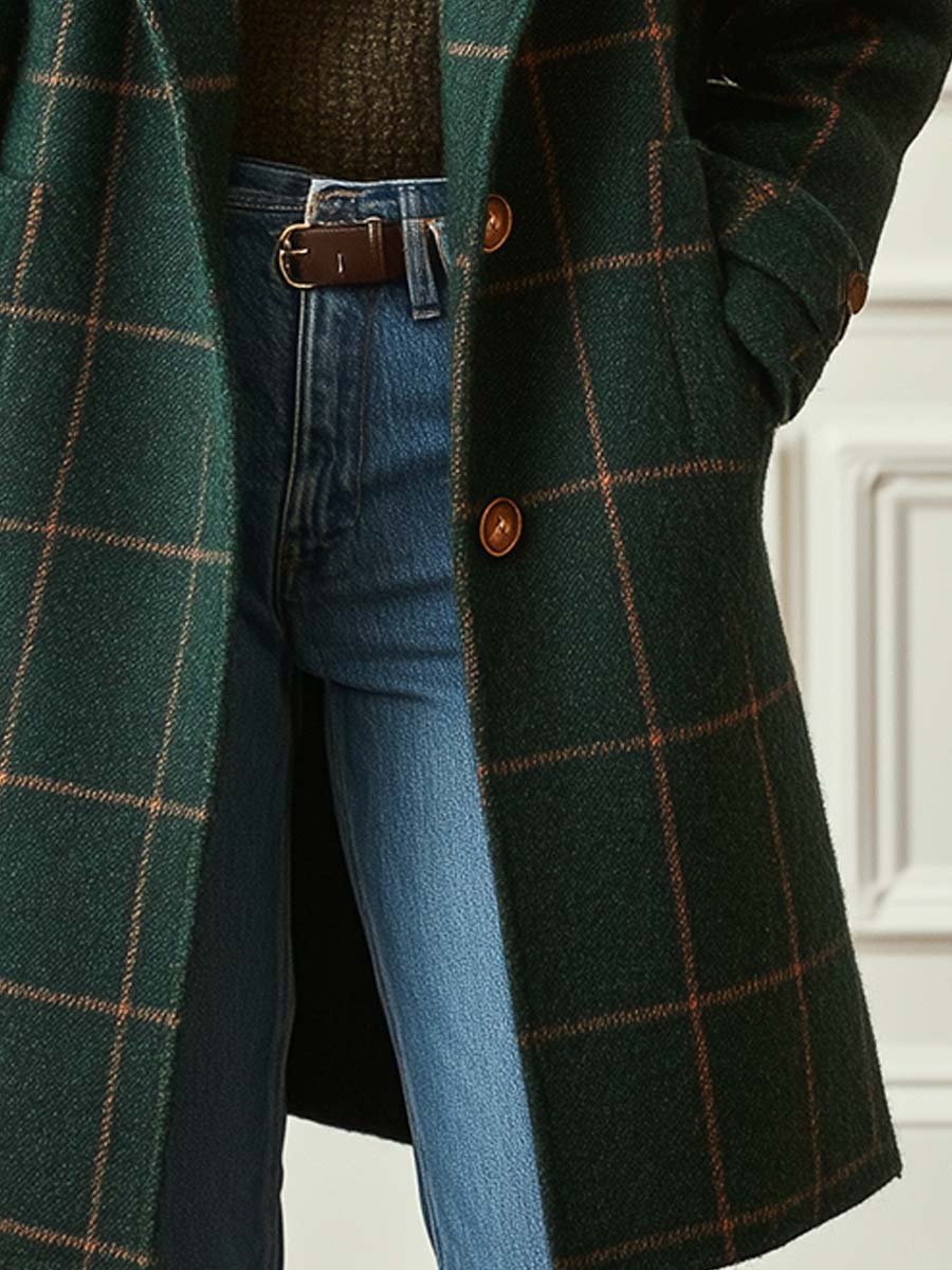 Women's Green Plaid Notch Lapel Two-Button Coat, view 5