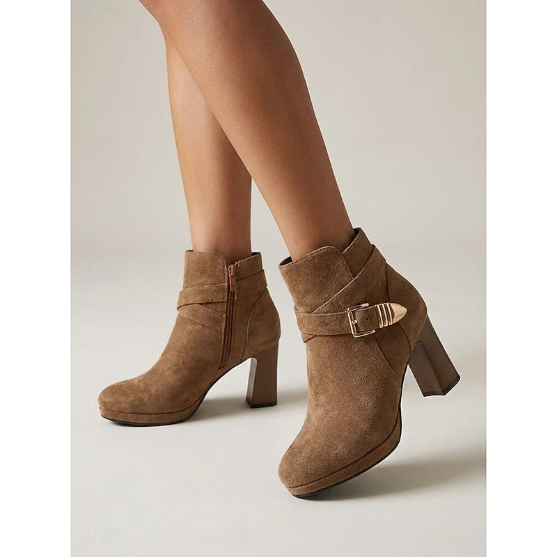 Women's Ankle Boots, Buckle Strap Block Heel Round Toe Booties