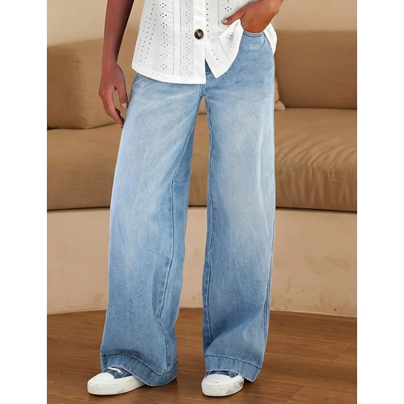 Women's Wide Leg Jeans, High Waisted Loose Fit Blue Denim