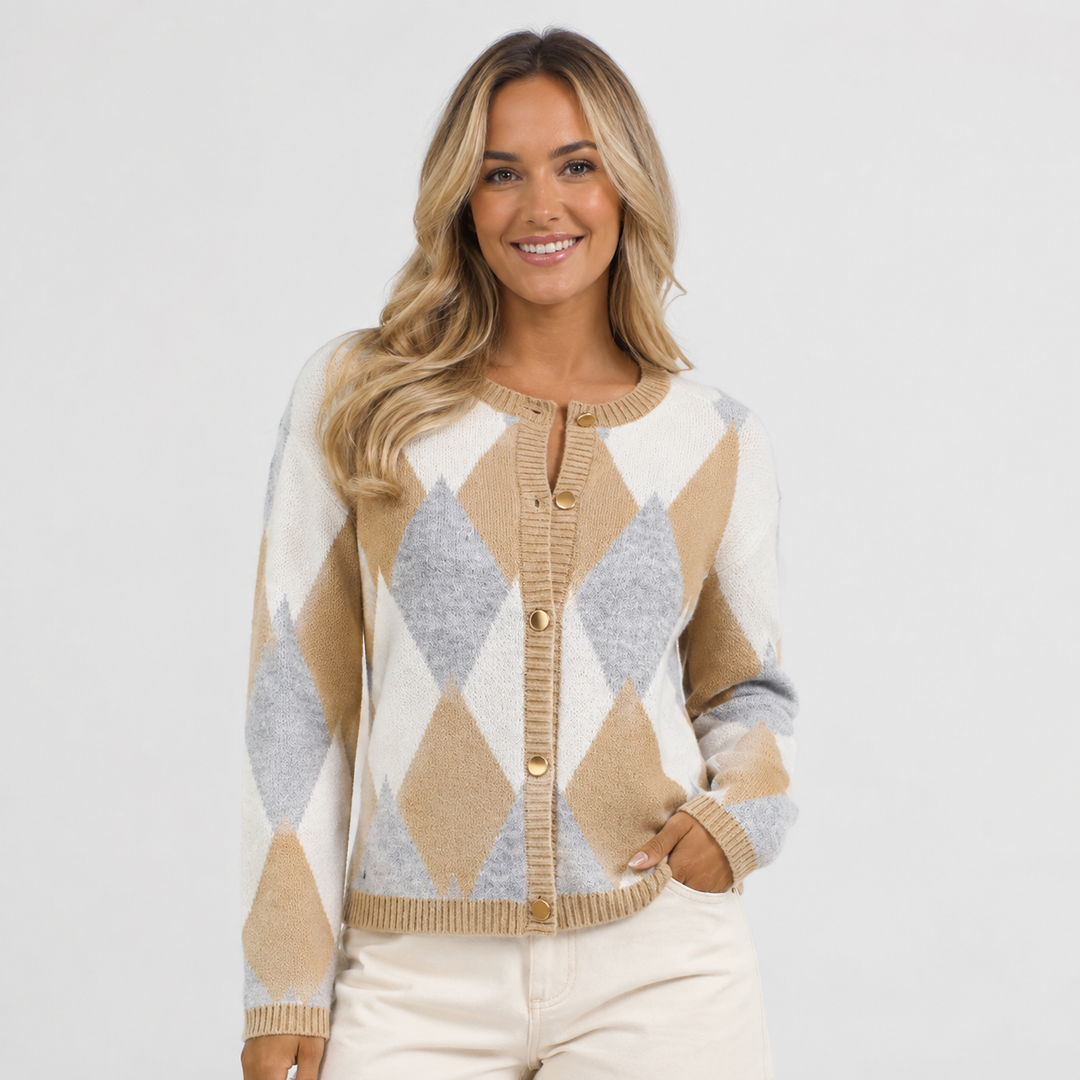 Women's Argyle Cardigan, Crew Neck Button Front Knit Sweater