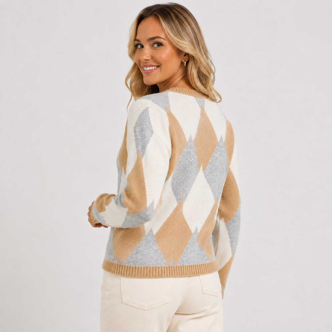 Women's Argyle Cardigan, Crew Neck Button Front Knit Sweater