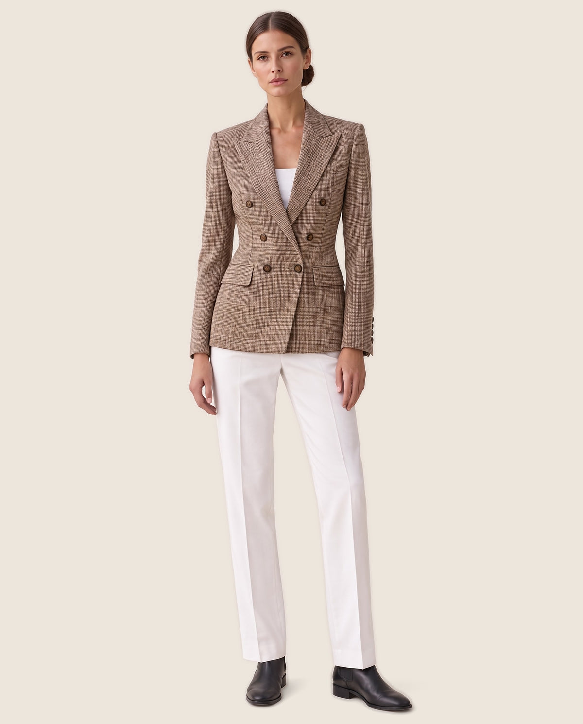 Quimper Tailored Plaid Peak Lapel Blazer — studio front