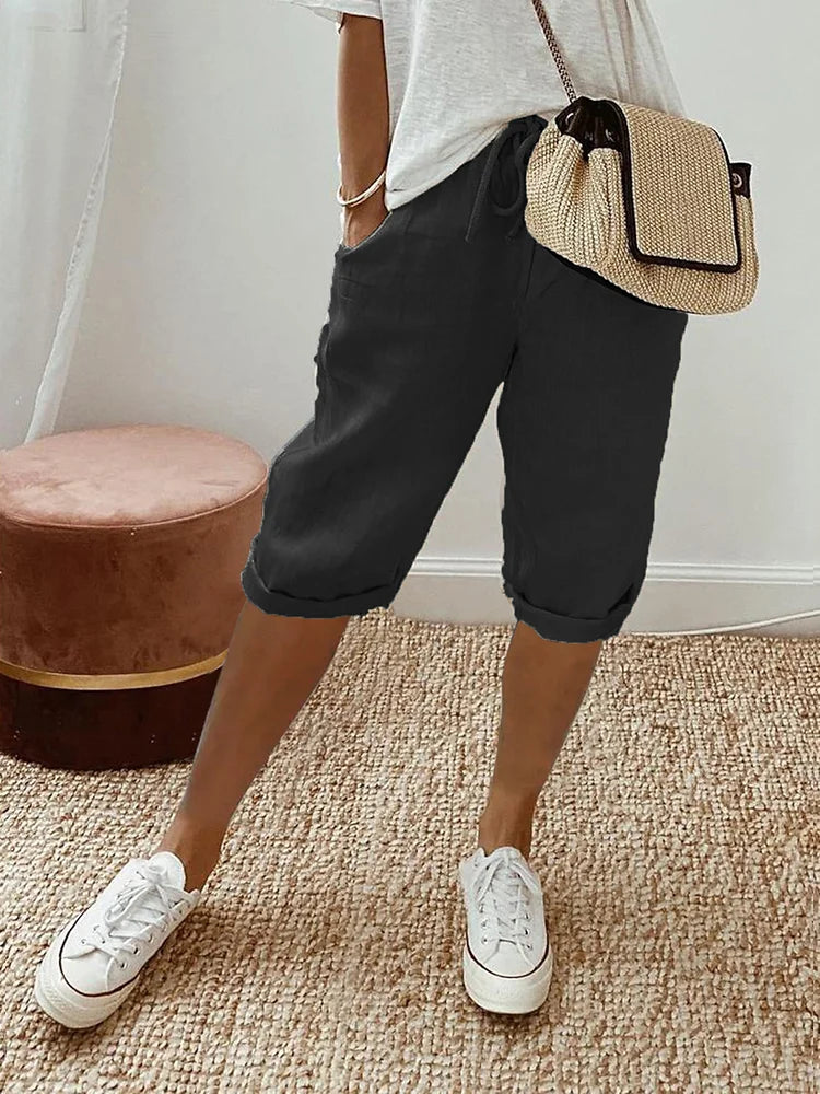Women's Cotton Drawstring Summer Shorts with Pockets in Black