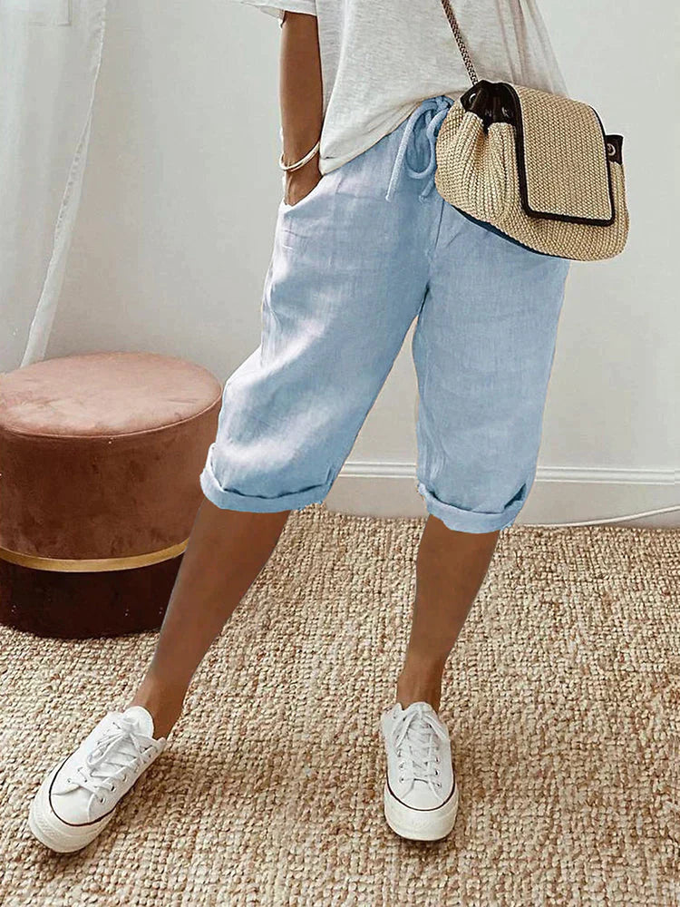 Women's Cotton Drawstring Summer Shorts with Pockets in Blue