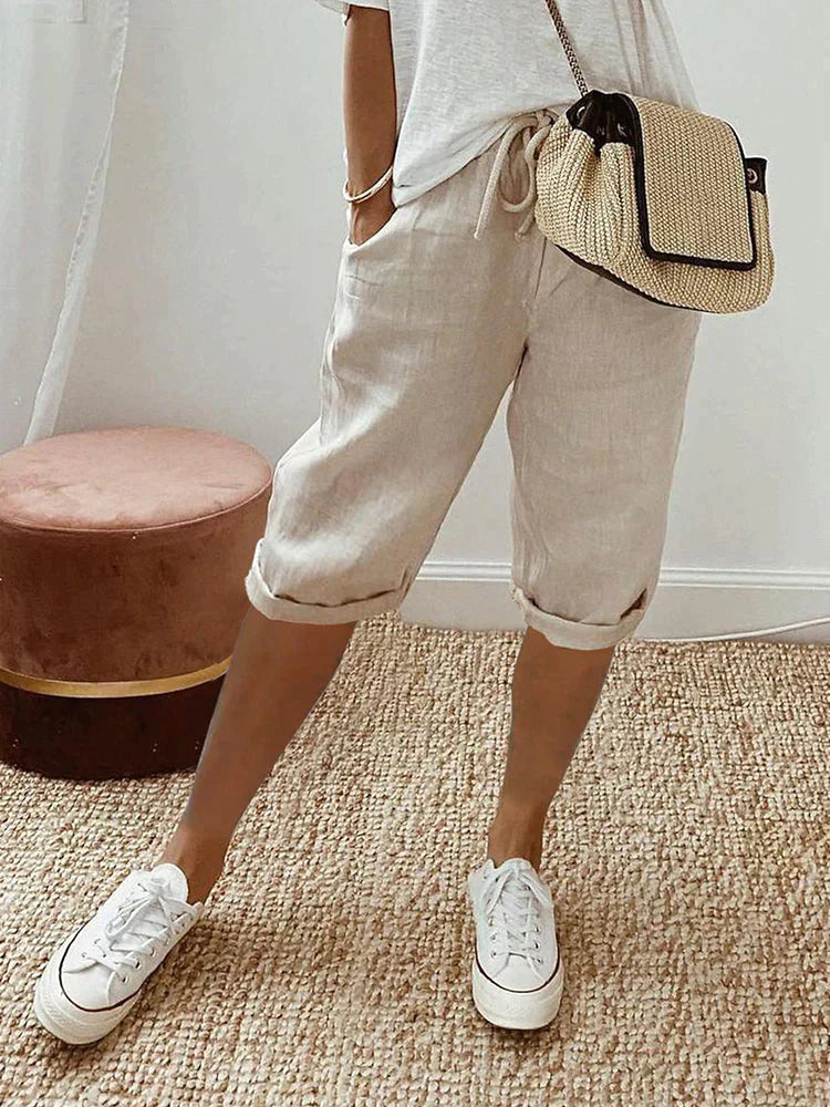 Women's Cotton Drawstring Summer Shorts with Pockets in Beige