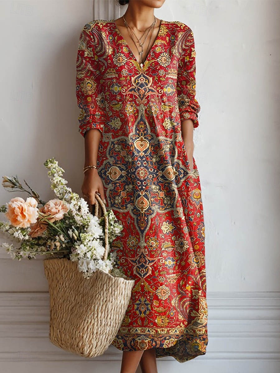Women's Red Loose-Fit Midi Dress with Pockets