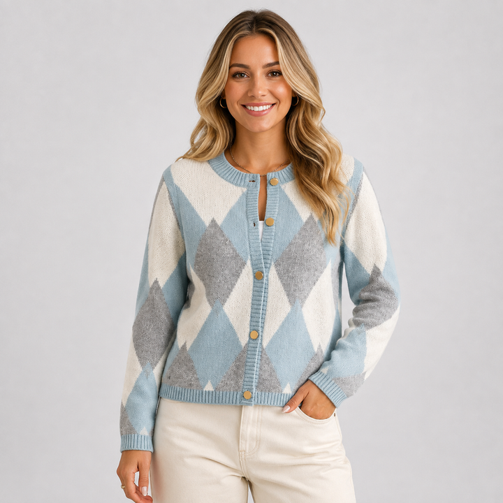 Women's Argyle Cardigan, Crew Neck Button Front Knit Sweater