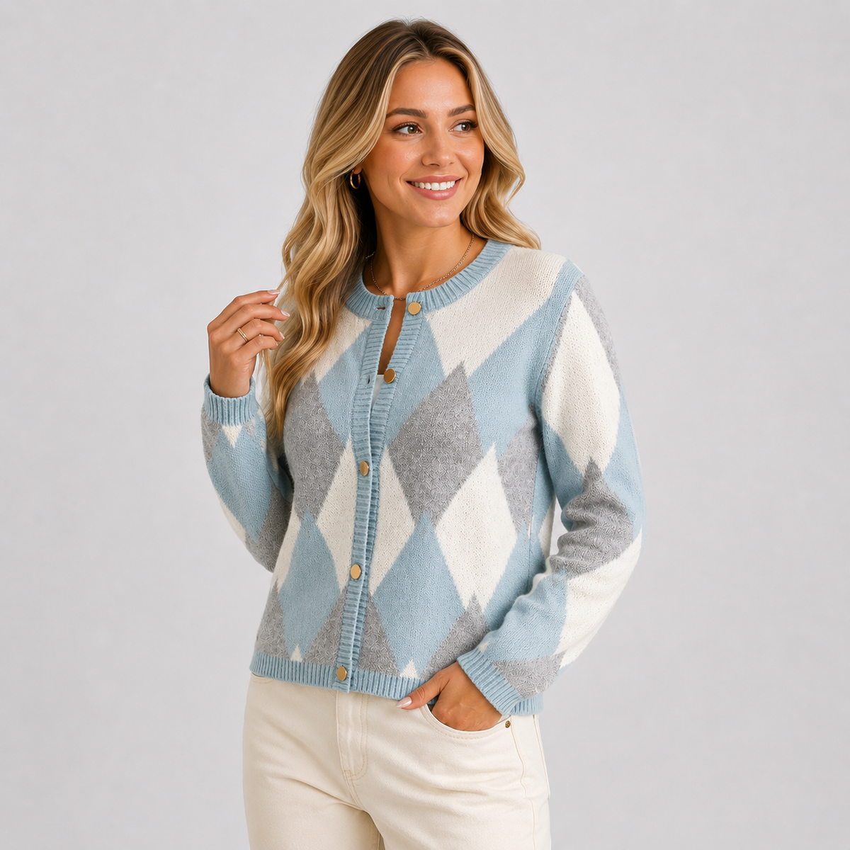 Women's Argyle Crew Neck Button-Front Cardigan, view 6