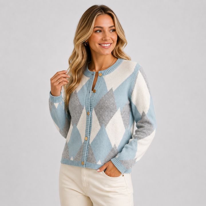 Women's Argyle Cardigan, Crew Neck Button Front Knit Sweater