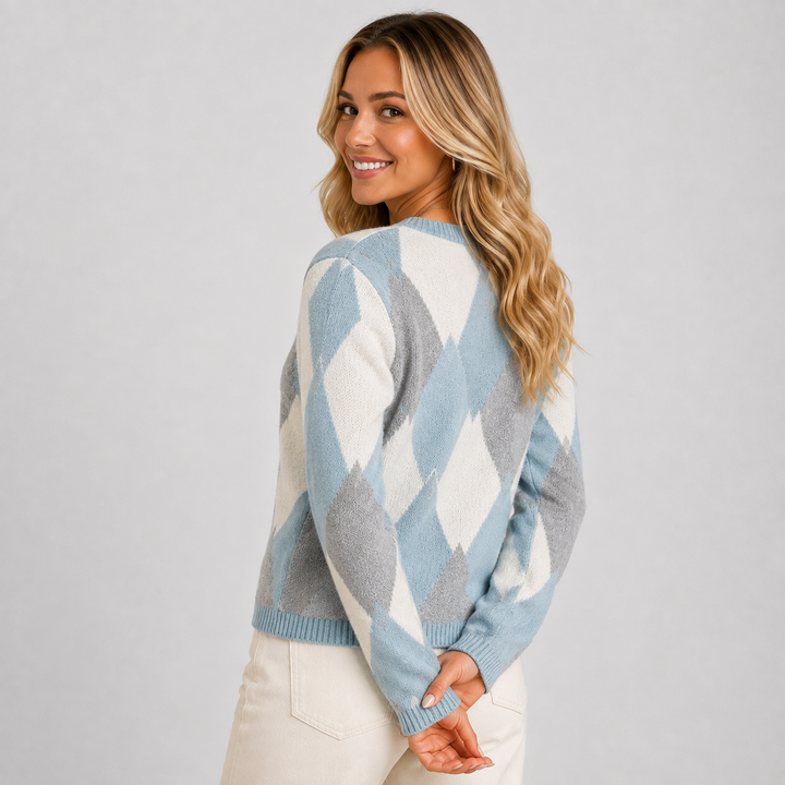 Women's Argyle Cardigan, Crew Neck Button Front Knit Sweater