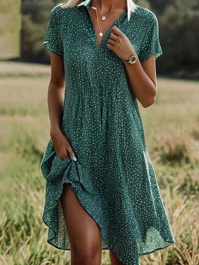 Women's Polka Dot Shirt Collar Dress with Gathered Waist in Green