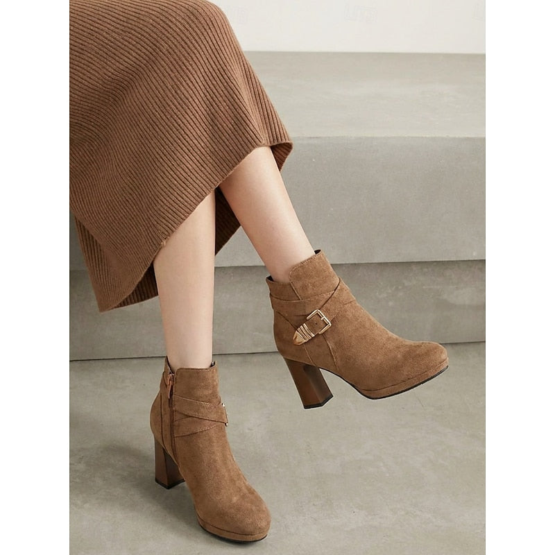Women's Ankle Boots, Buckle Strap Block Heel Round Toe Booties