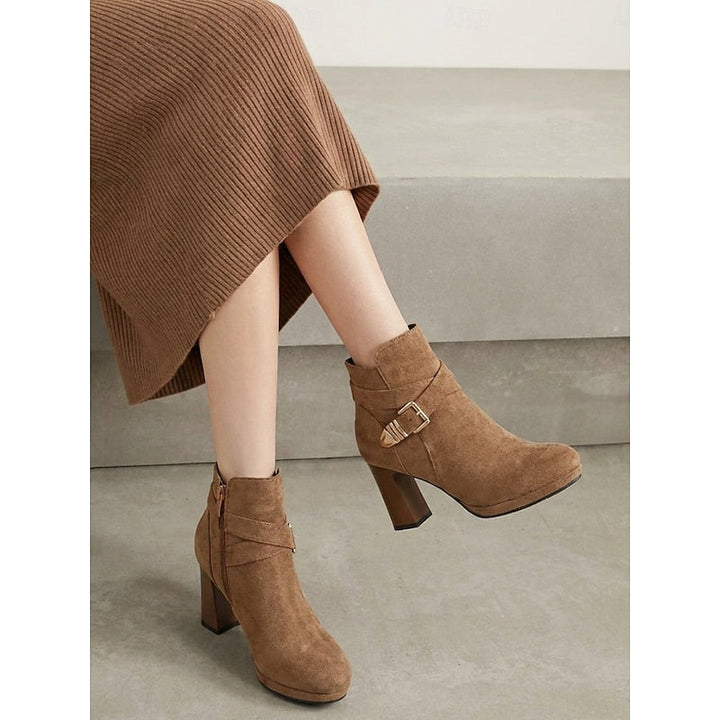 Women's Ankle Boots, Buckle Strap Block Heel Round Toe Booties