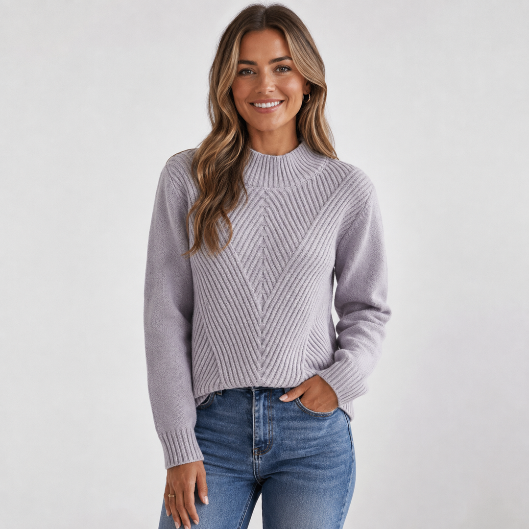 Women's Stand Collar Sweater, Ribbed Knit Winter Pullover