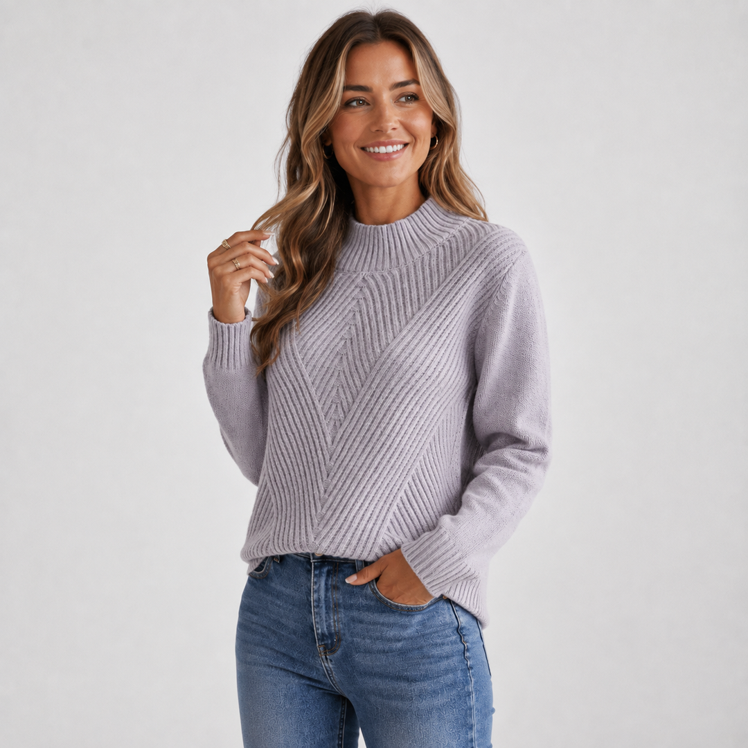 Women's Stand Collar Sweater, Ribbed Knit Winter Pullover