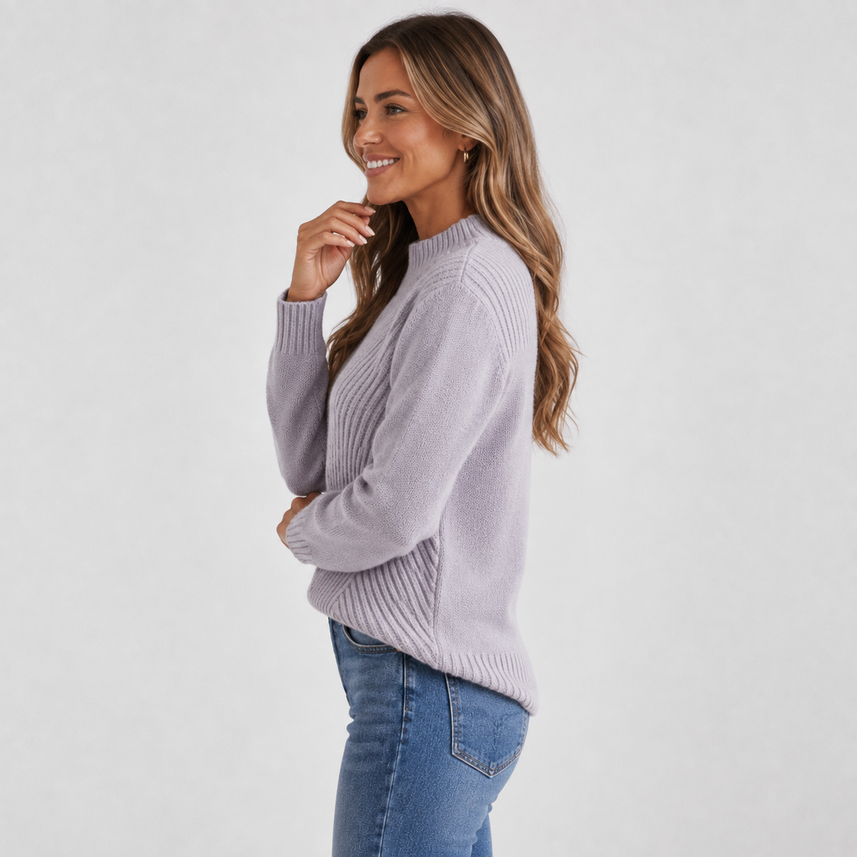 Women's Light Gray Ribbed Stand Collar Sweater, view 3