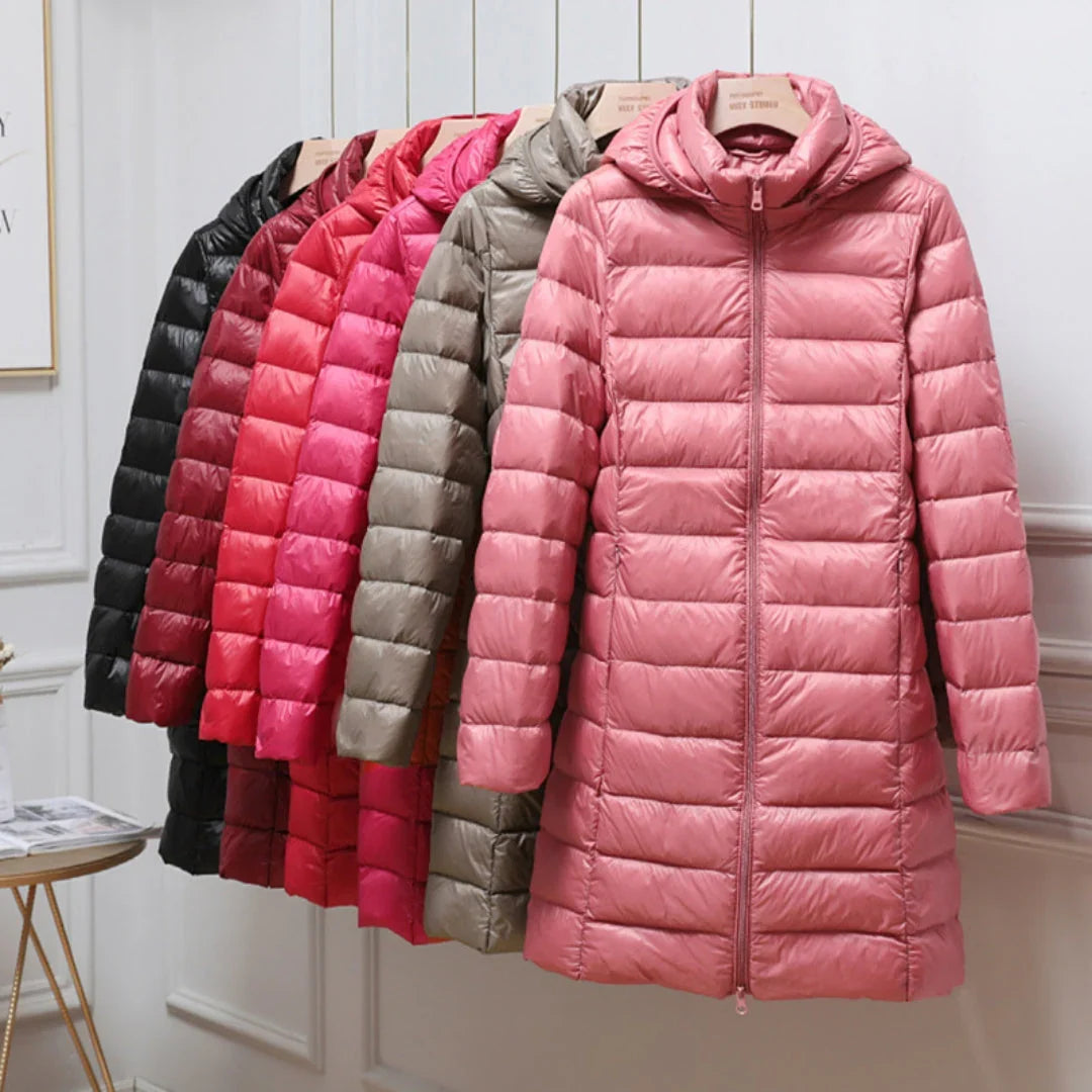 Women's Mid-Thigh Quilted Puffer Jacket with Hood in Black
