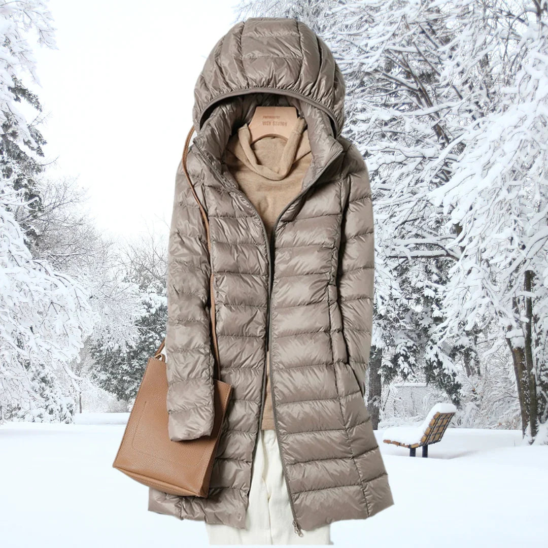Women's Mid-Thigh Quilted Puffer Jacket with Hood in Gray