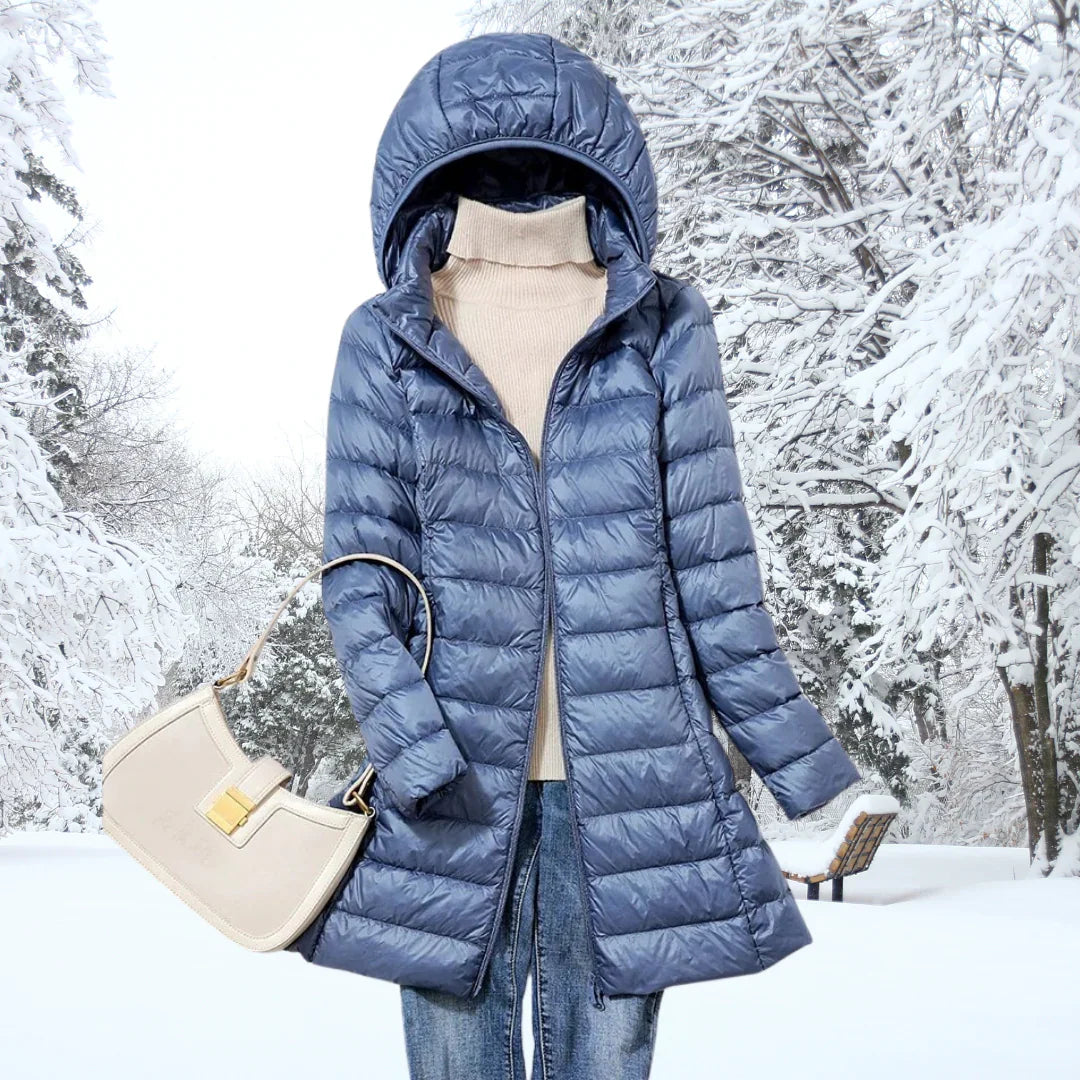 Women's Mid-Thigh Quilted Puffer Jacket with Hood in Blue