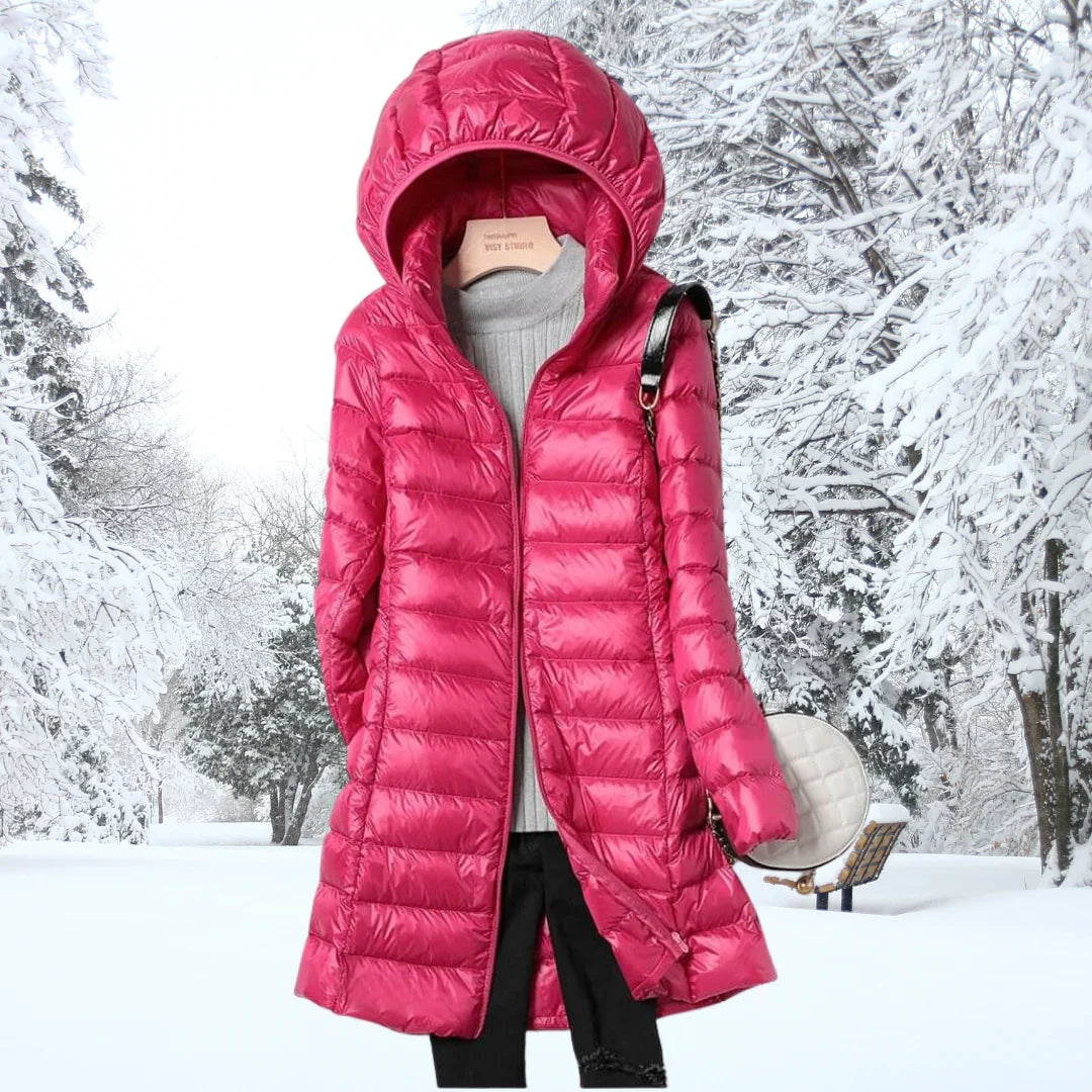 Women's Mid-Thigh Quilted Puffer Jacket with Hood in Fuchsia
