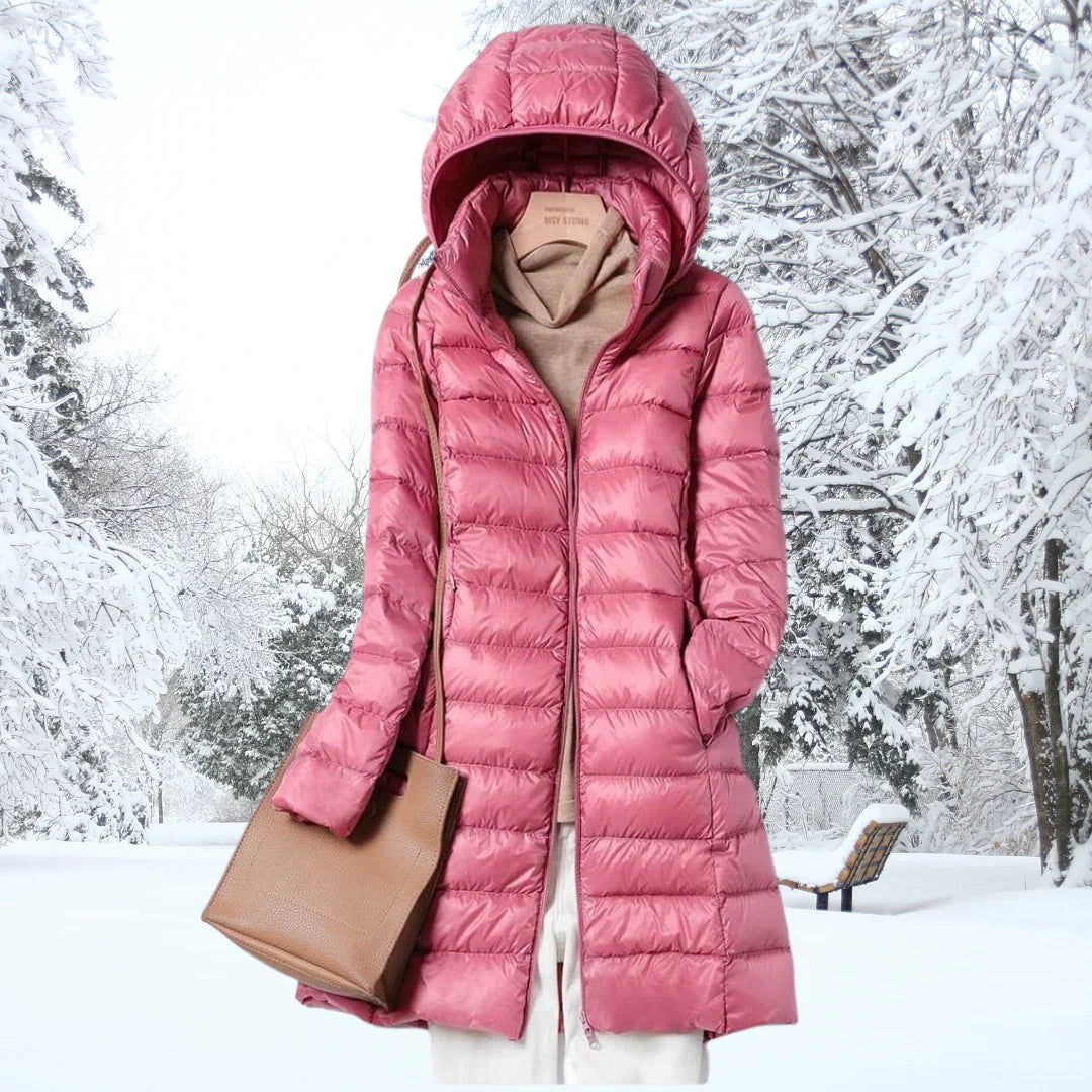 Women's Mid-Thigh Quilted Puffer Jacket with Hood in Pink