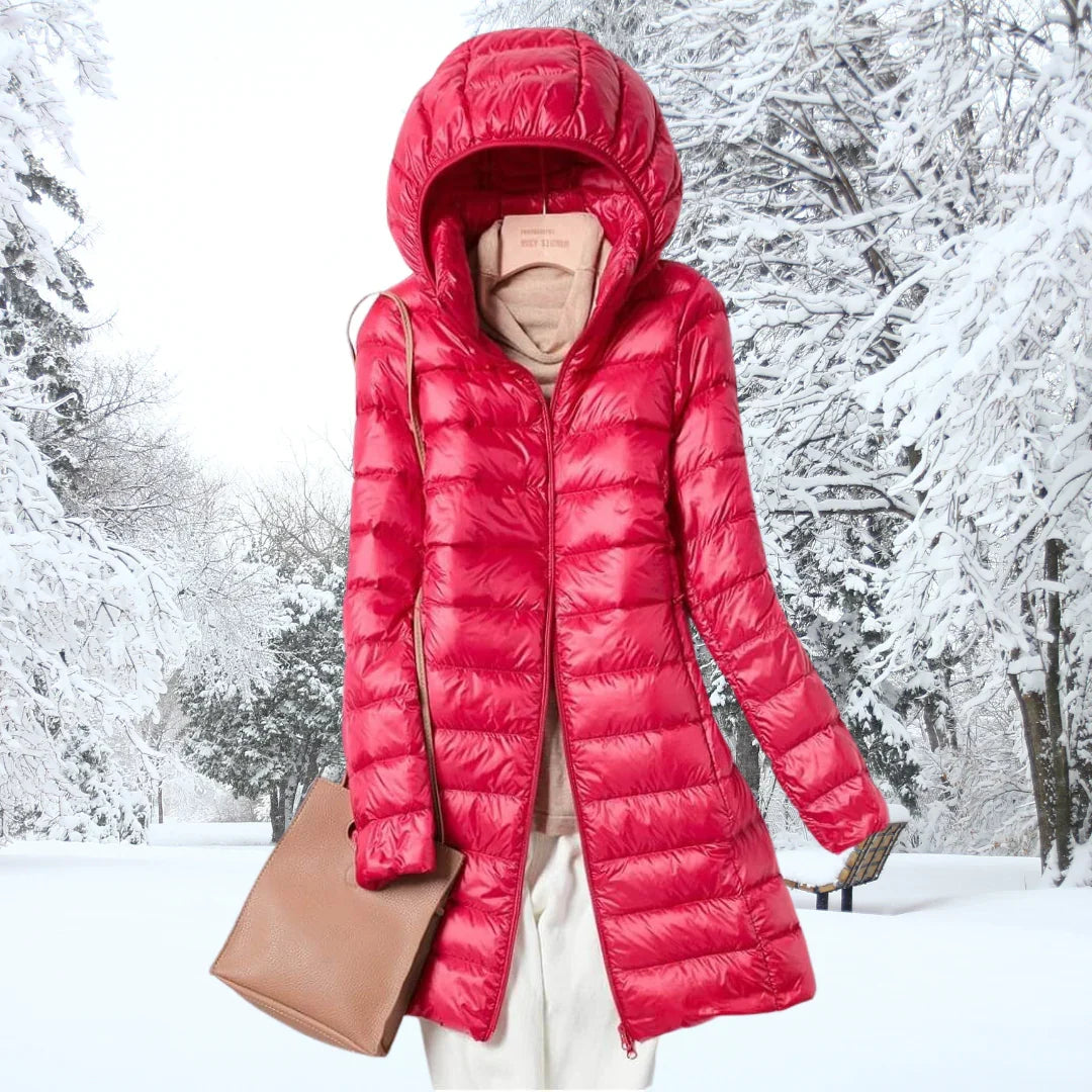Women's Mid-Thigh Quilted Puffer Jacket with Hood in Red
