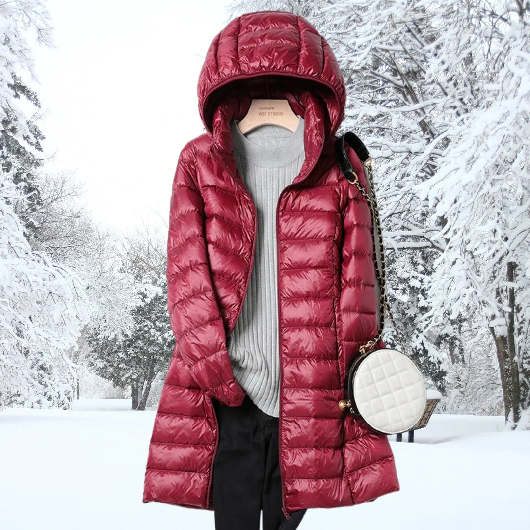 Women's Mid-Thigh Quilted Puffer Jacket with Hood in Burgundy