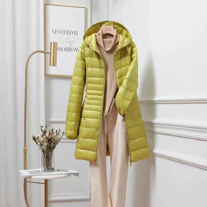 Women's Mid-Thigh Quilted Puffer Jacket with Hood in Yellow