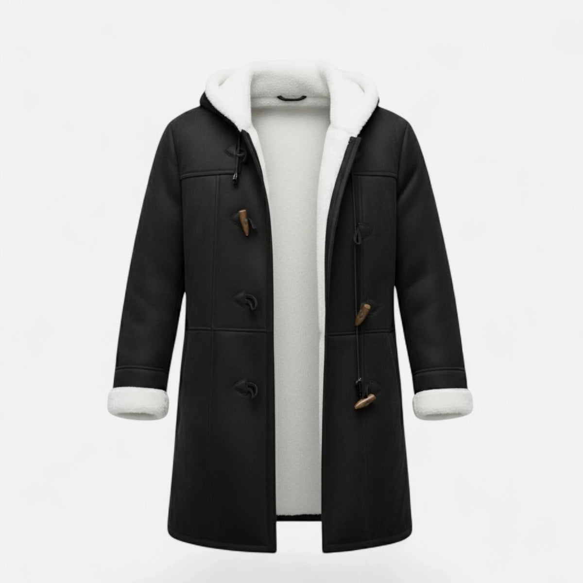 Women's Below-Knee Hooded Toggle Coat with Plush Trim in Black
