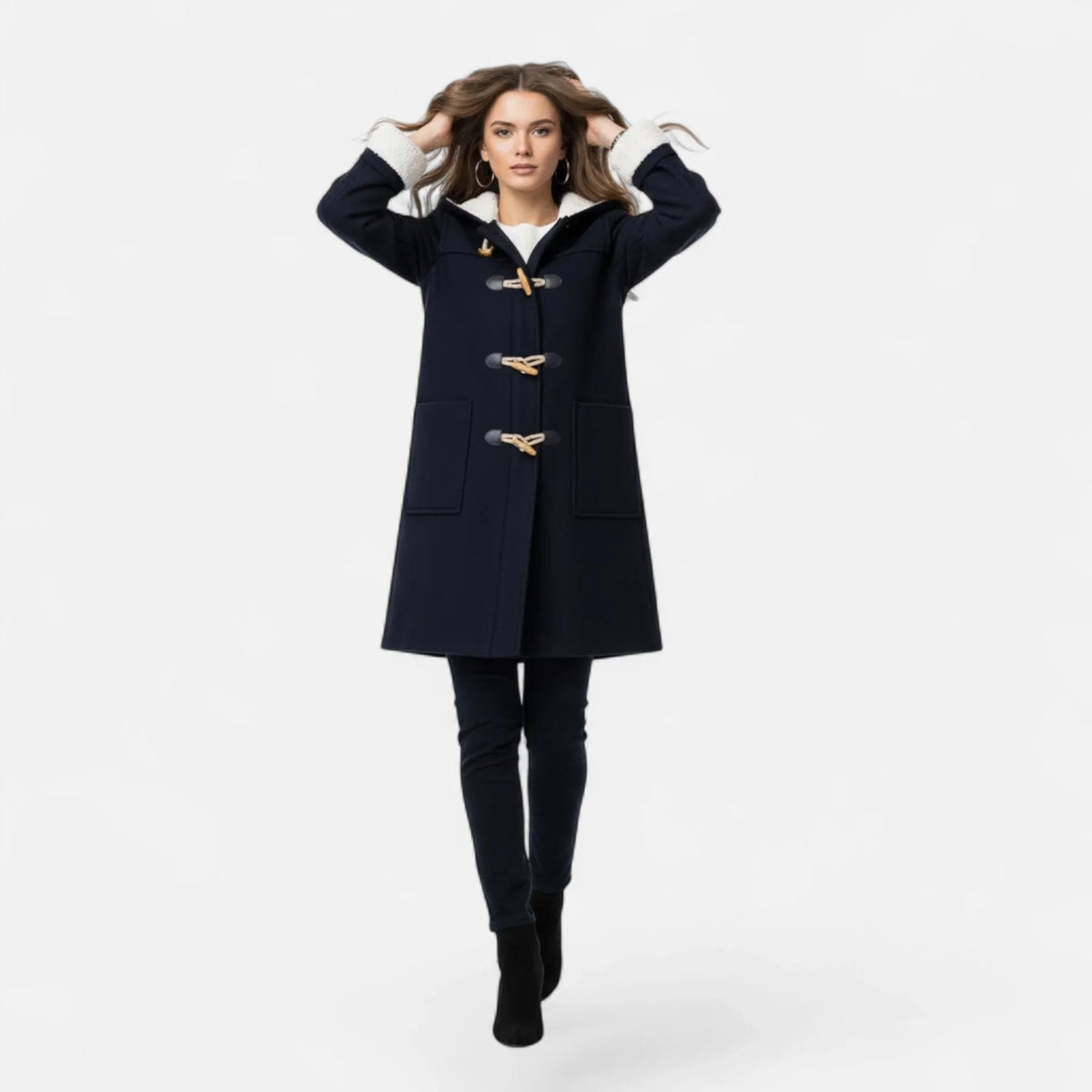 Women's Below-Knee Hooded Toggle Coat with Plush Trim, view 2