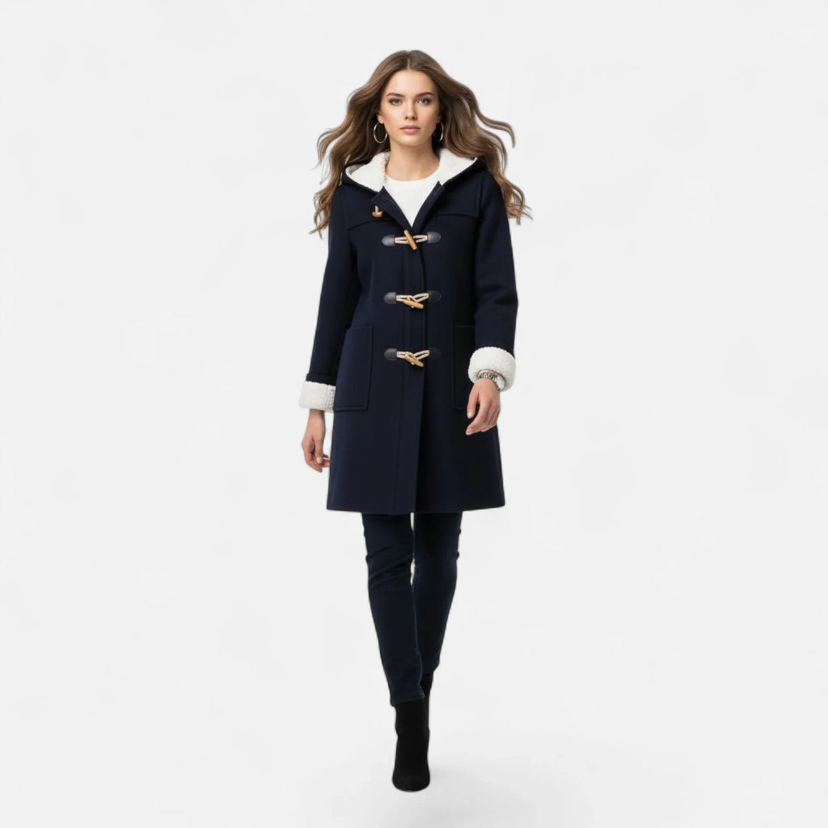 Women's Below-Knee Hooded Toggle Coat with Plush Trim, view 3