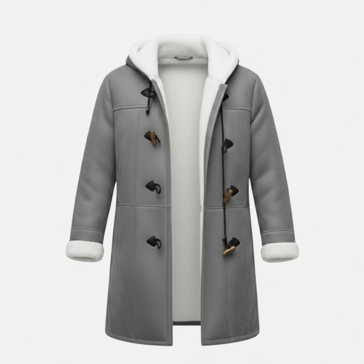 Women's Below-Knee Hooded Toggle Coat with Plush Trim in Gray