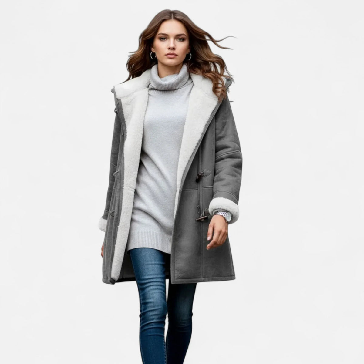 Women's Below-Knee Hooded Toggle Coat with Plush Trim, view 4
