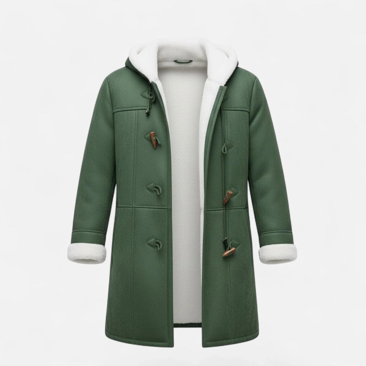 Women's Below-Knee Hooded Toggle Coat with Plush Trim in Green