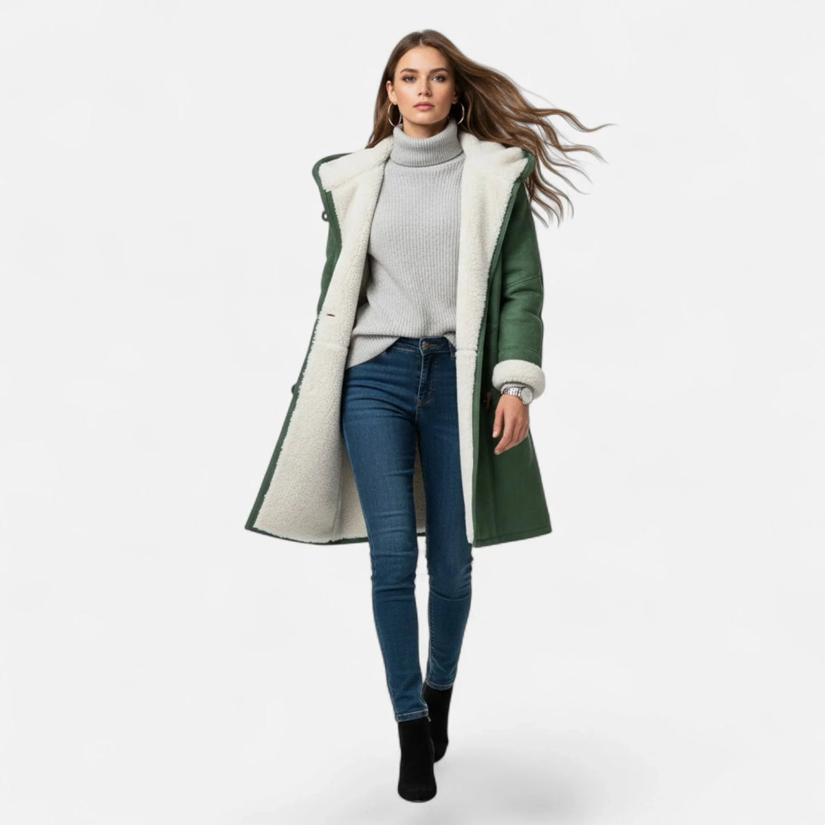 Women's Below-Knee Hooded Toggle Coat with Plush Trim, view 6