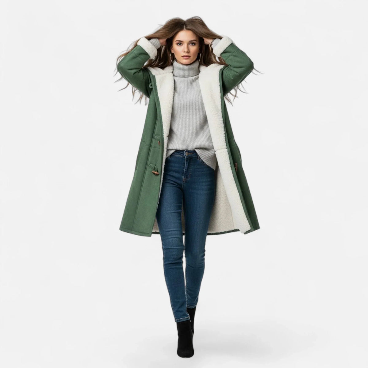 Women's Below-Knee Hooded Toggle Coat with Plush Trim, view 7